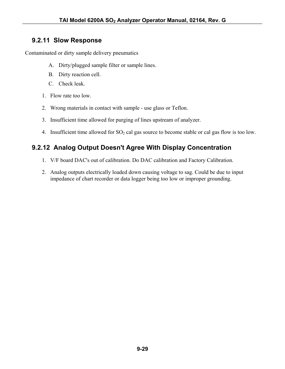 Slow response | Teledyne 6200A - Sulfides analyzer User Manual | Page 172 / 206