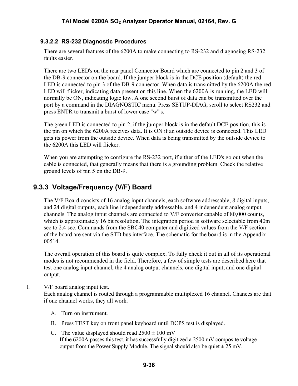 Rs-232 diagnostic procedures, Voltage/frequency (v/f) board, 3 voltage/frequency (v/f) board -36 | Teledyne 6200A - Sulfides analyzer User Manual | Page 179 / 206