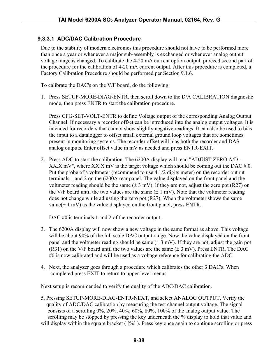 Adc/dac calibration procedure, To section 9.3.3.1 for a detailed procedure, Troubleshooting section 9.3.3.1 | Section 9.3.3.1 for inform | Teledyne 6200A - Sulfides analyzer User Manual | Page 181 / 206