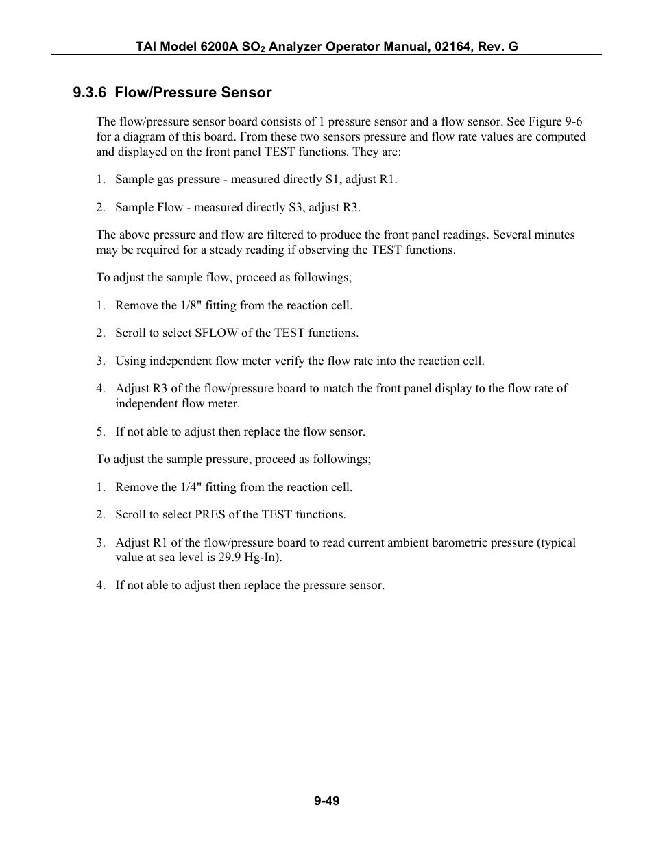Flow/pressure sensor, 6 flow/pressure sensor -49, Nt or broken (see section 9.3.6) | Teledyne 6200A - Sulfides analyzer User Manual | Page 192 / 206