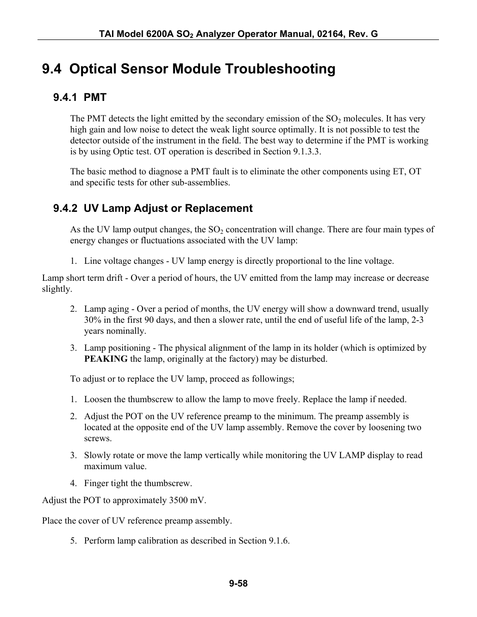Optical sensor module troubleshooting, Uv lamp adjust or replacement, Ptical | Ensor, Odule, Roubleshooting, 1 pmt -58 9.4.2 uv lamp adjust or replacement -58, 2 for uv lam, 4 optical sensor module troubleshooting | Teledyne 6200A - Sulfides analyzer User Manual | Page 201 / 206