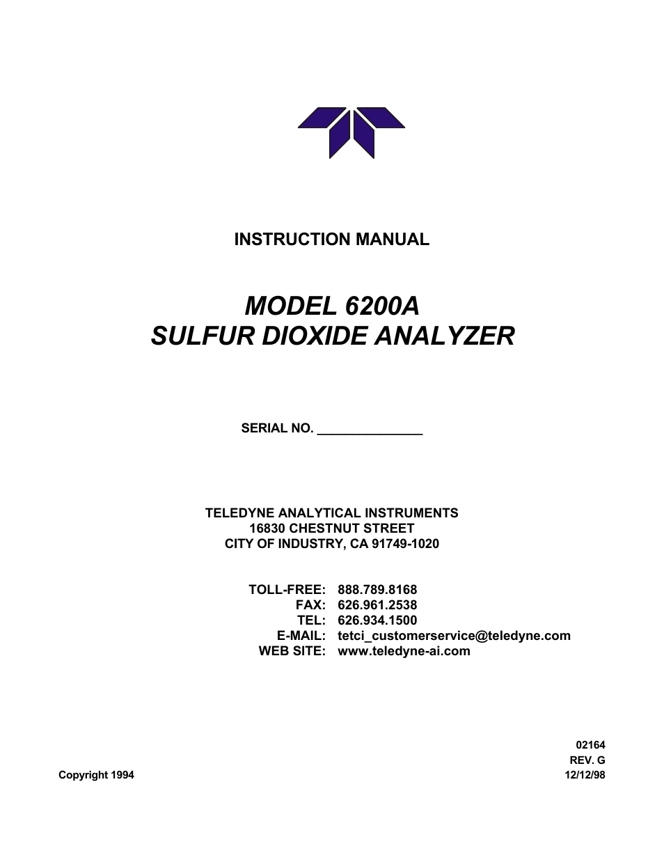 Model 6200a sulfur dioxide analyzer, Instruction manual | Teledyne 6200A - Sulfides analyzer User Manual | Page 26 / 206
