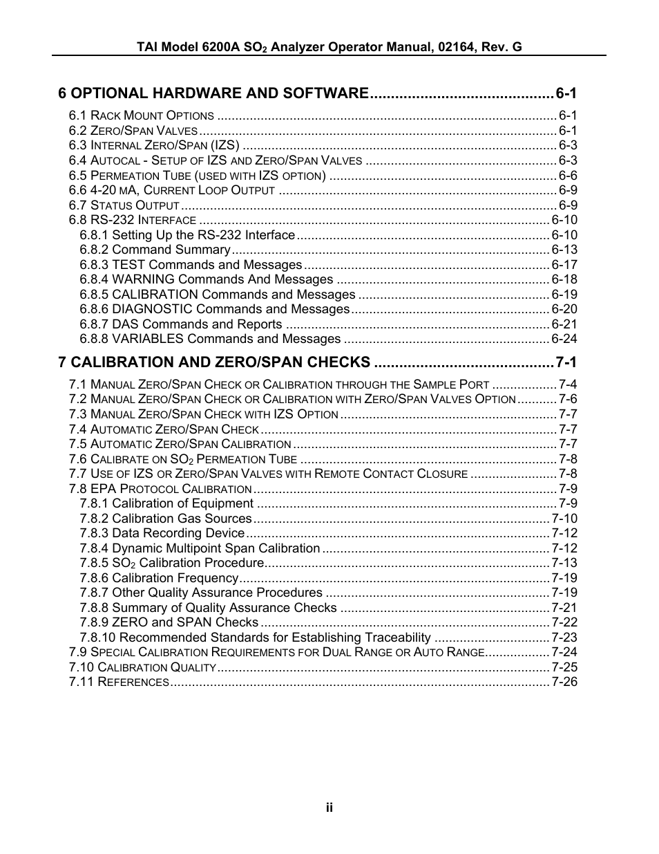 6 optional hardware and software -1, 7 calibration and zero/span checks -1 | Teledyne 6200A - Sulfides analyzer User Manual | Page 29 / 206