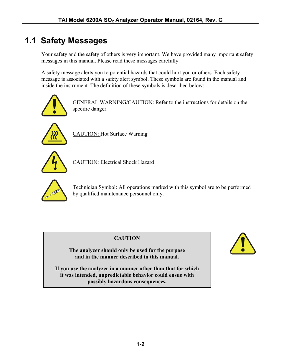 Safety messages, Afety, Essages | 1 safety messages | Teledyne 6200A - Sulfides analyzer User Manual | Page 37 / 206