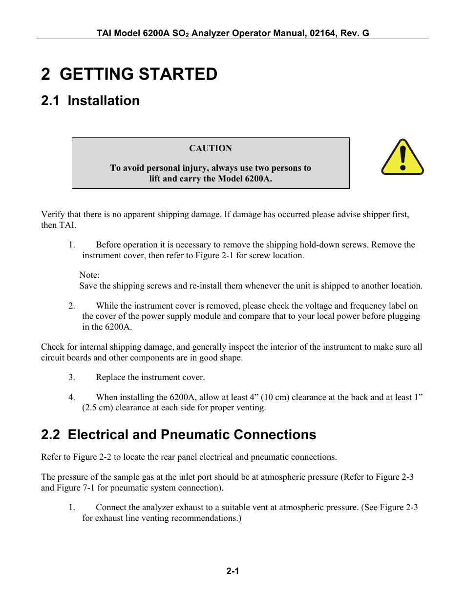 Getting started, Installation, Electrical and pneumatic connections | 2 getting started -1, Nstallation, Lectrical and, Neumatic, Onnections, Section 2, 2 getting started | Teledyne 6200A - Sulfides analyzer User Manual | Page 38 / 206