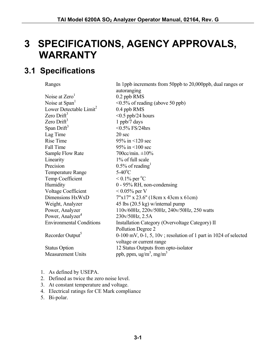 Specifications, agency approvals, warranty, Specifications, 3 specifications, agency approvals, warranty -1 | Pecifications, 3 specifications, agency approvals, warranty, 1 specifications | Teledyne 6200A - Sulfides analyzer User Manual | Page 52 / 206