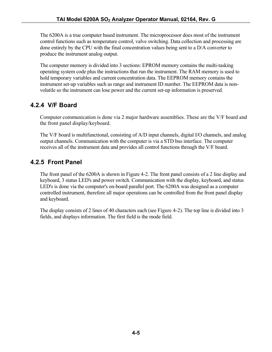 V/f board, Front panel, 4 v/f board -5 4.2.5 front panel -5 | Teledyne 6200A - Sulfides analyzer User Manual | Page 60 / 206