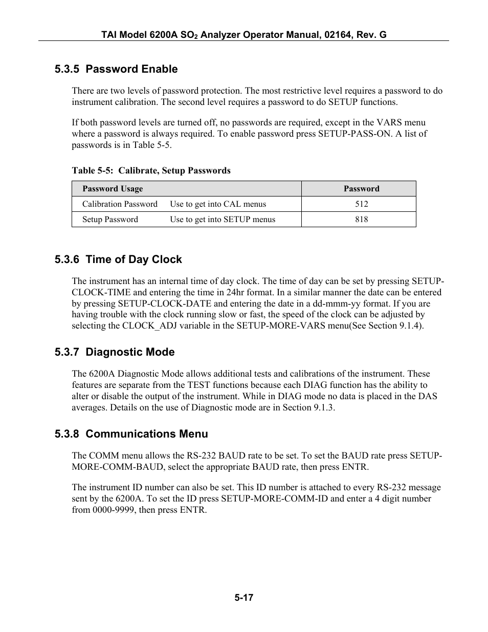 Password enable, Time of day clock, Diagnostic mode | Communications menu, Able, 5: c, Alibrate, Etup, Asswords | Teledyne 6200A - Sulfides analyzer User Manual | Page 80 / 206