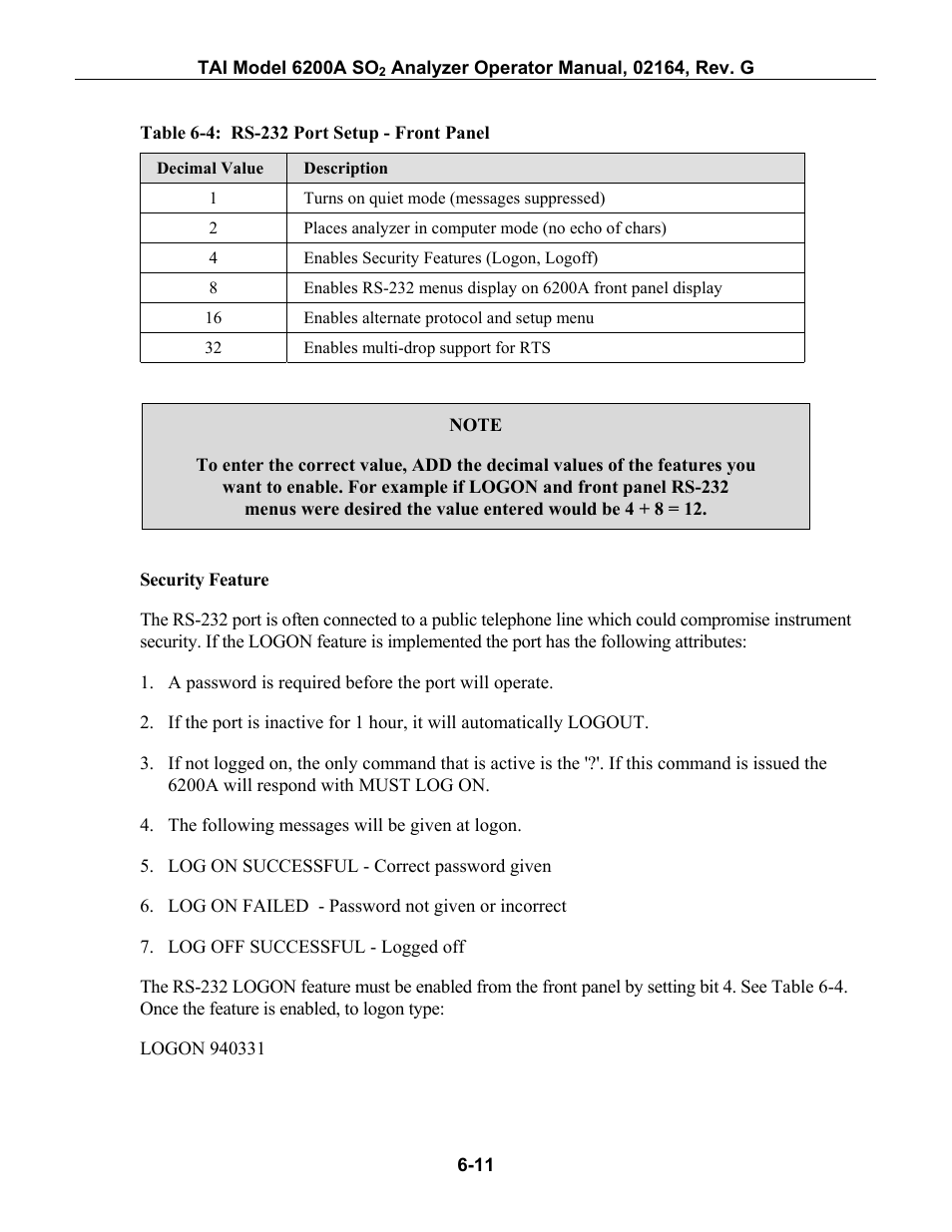 Able, 4: rs-232 p, Etup | Ront, Anel | Teledyne 6200A - Sulfides analyzer User Manual | Page 92 / 206