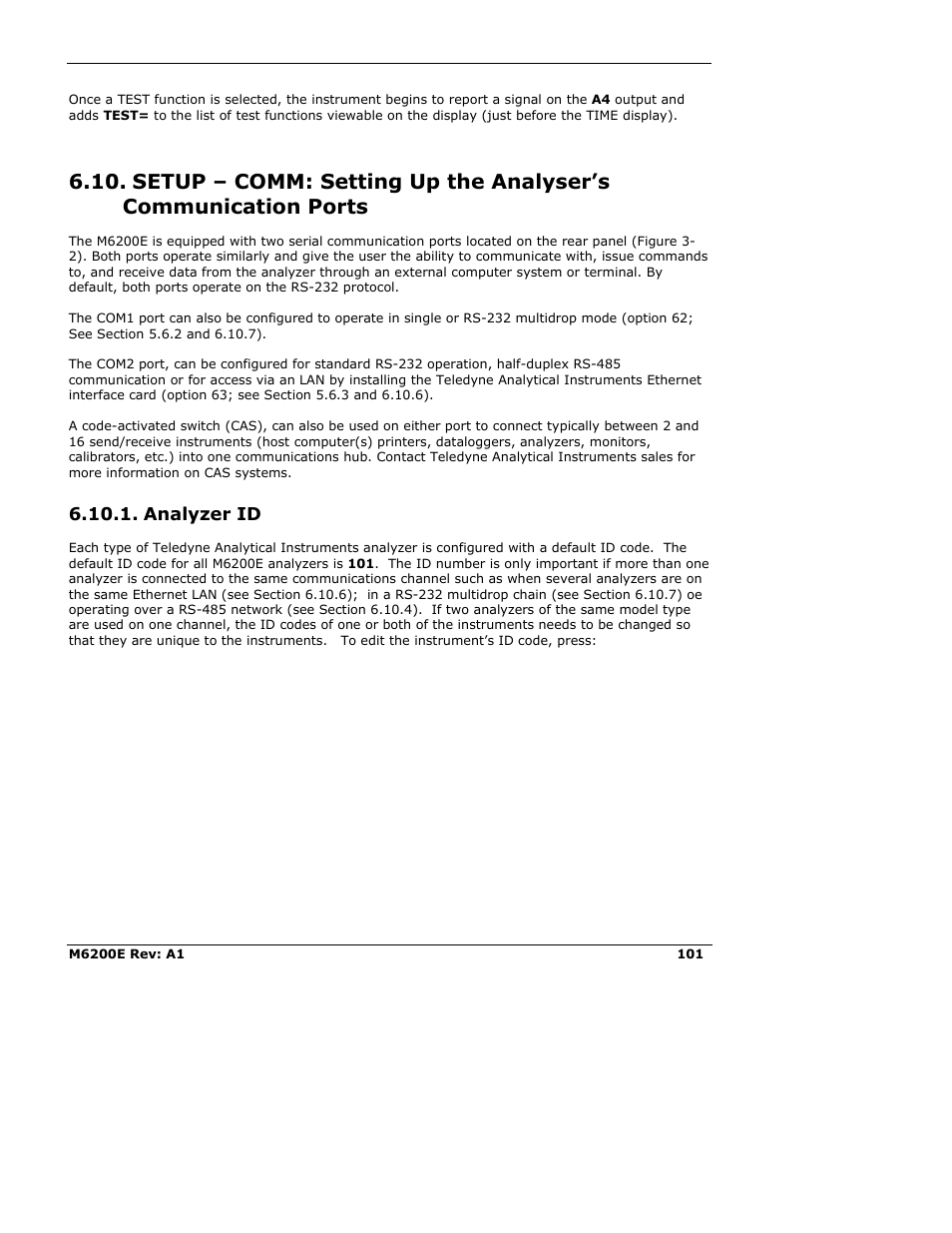 Analyzer id | Teledyne 6200E - Sulfides Analyzer User Manual | Page 101 / 306
