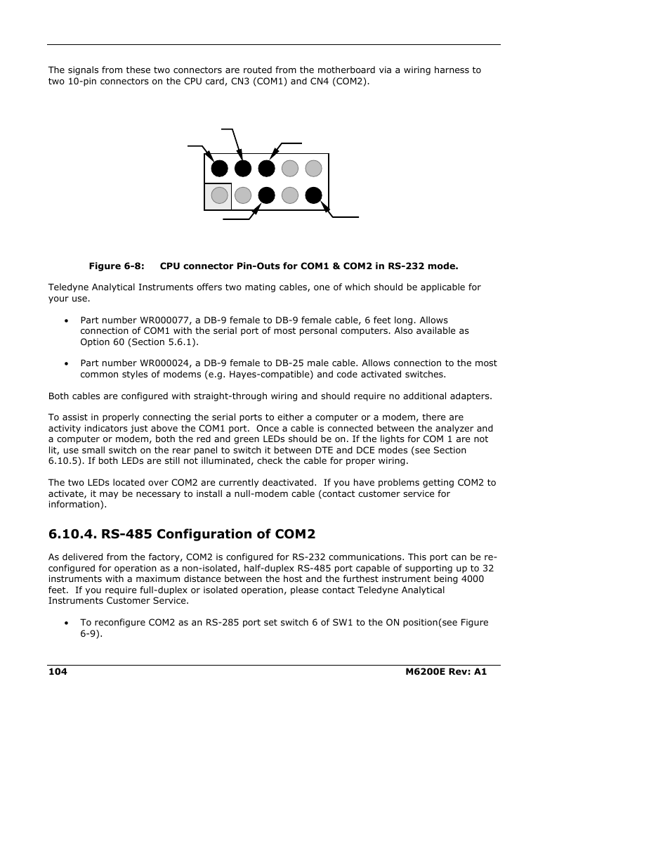 Rs-485 configuration of com2 | Teledyne 6200E - Sulfides Analyzer User Manual | Page 104 / 306