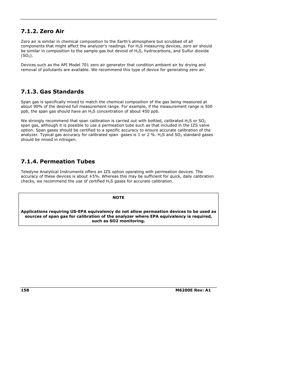 Zero air, Gas standards, Permeation tubes | Teledyne 6200E - Sulfides Analyzer User Manual | Page 158 / 306