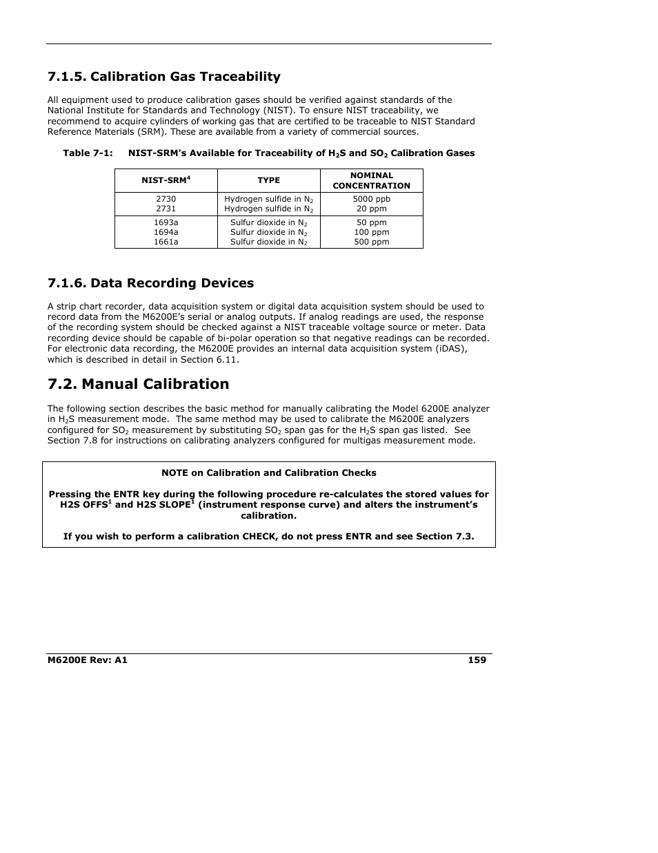 Calibration gas traceability, Data recording devices, Manual calibration | Teledyne 6200E - Sulfides Analyzer User Manual | Page 159 / 306