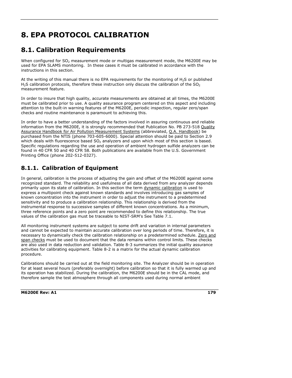 Epa protocol calibration, Calibration requirements, Calibration of equipment | Teledyne 6200E - Sulfides Analyzer User Manual | Page 179 / 306