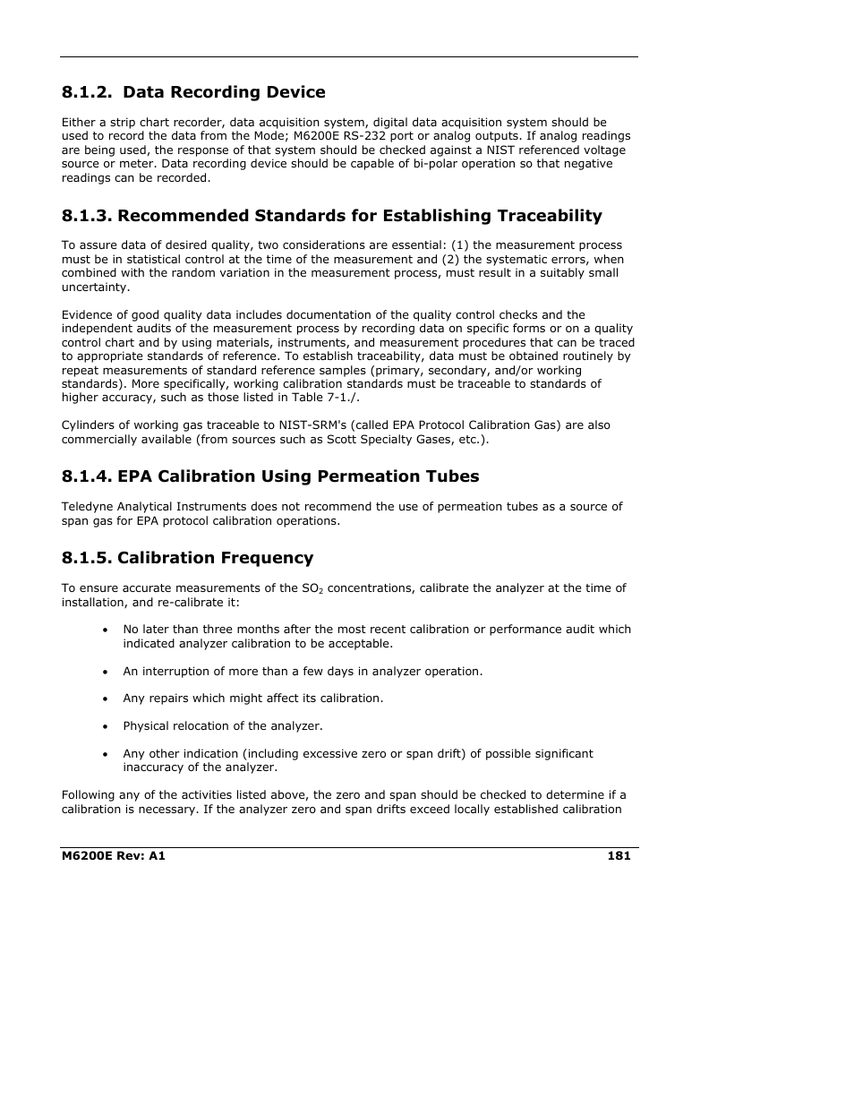 Data recording device, Epa calibration using permeation tubes, Calibration frequency | Teledyne 6200E - Sulfides Analyzer User Manual | Page 181 / 306