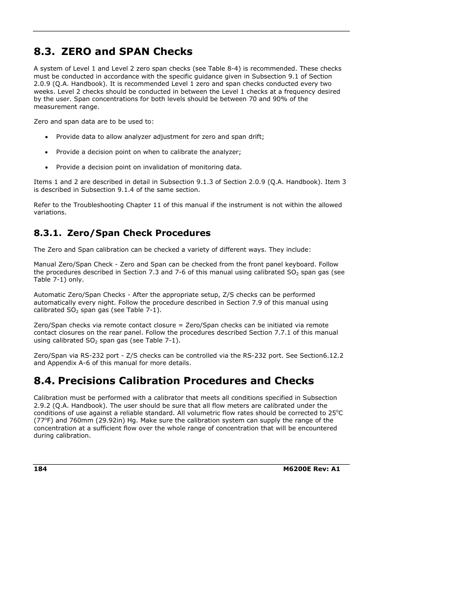 Zero and span checks, Zero/span check procedures, Precisions calibration procedures and checks | Teledyne 6200E - Sulfides Analyzer User Manual | Page 184 / 306