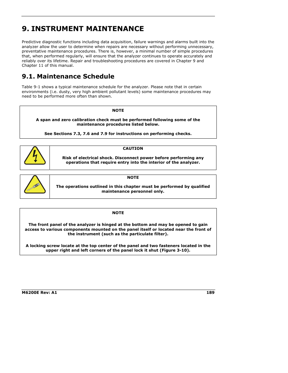 Instrument maintenance, Maintenance schedule | Teledyne 6200E - Sulfides Analyzer User Manual | Page 189 / 306