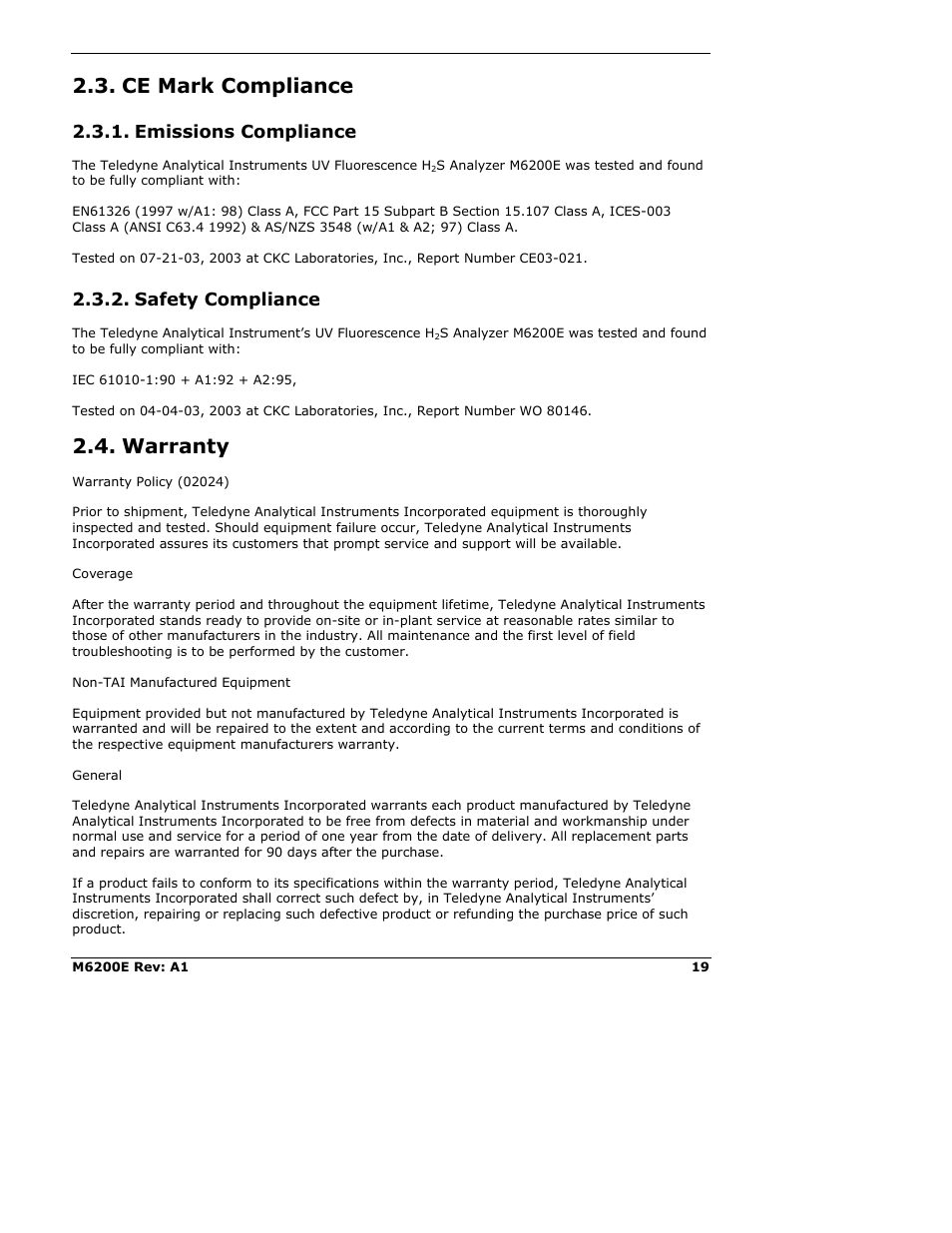 Ce mark compliance, Emissions compliance, Safety compliance | Warranty | Teledyne 6200E - Sulfides Analyzer User Manual | Page 19 / 306