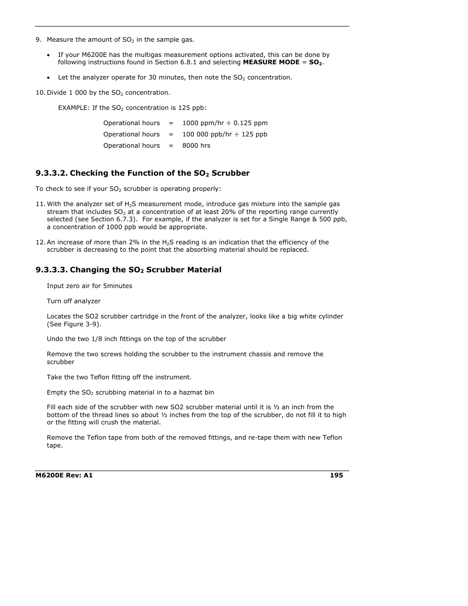 Checking the function of the so2 scrubber, Changing the so2 scrubber material, Checking the function of the so | Scrubber, Changing the so, Scrubber material | Teledyne 6200E - Sulfides Analyzer User Manual | Page 195 / 306