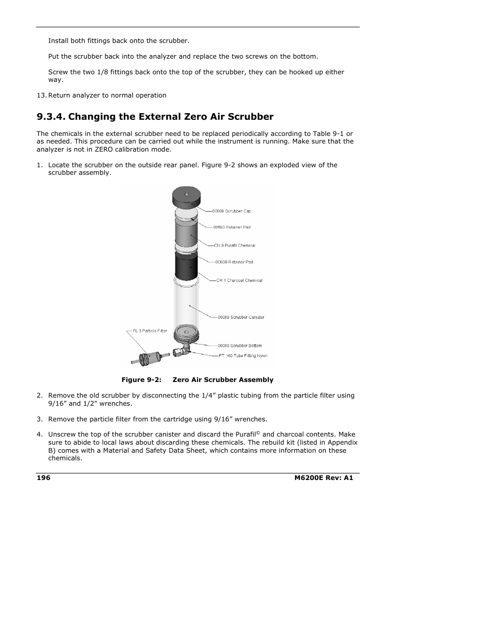 Changing the external zero air scrubber | Teledyne 6200E - Sulfides Analyzer User Manual | Page 196 / 306