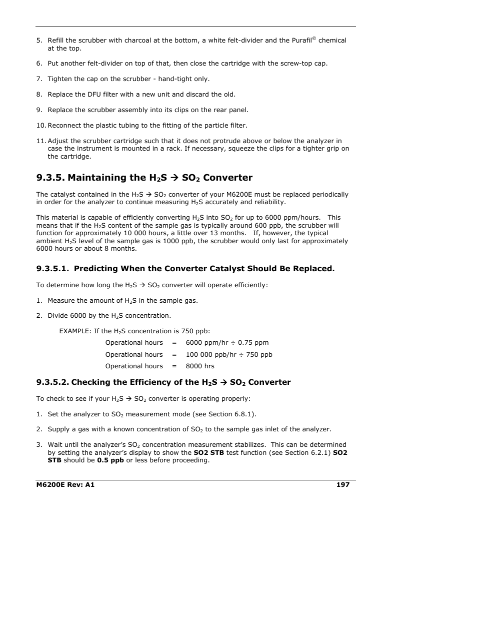 Maintaining the h2s ( so2 converter, Checking the efficiency of the h2s ( so2 converter, Maintaining the h | S æ so, Converter, Checking the efficiency of the h | Teledyne 6200E - Sulfides Analyzer User Manual | Page 197 / 306