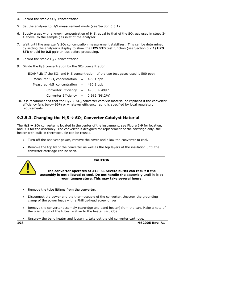 Changing the h2s ( so2 converter catalyst material, Changing the h, S æ so | Converter catalyst material | Teledyne 6200E - Sulfides Analyzer User Manual | Page 198 / 306