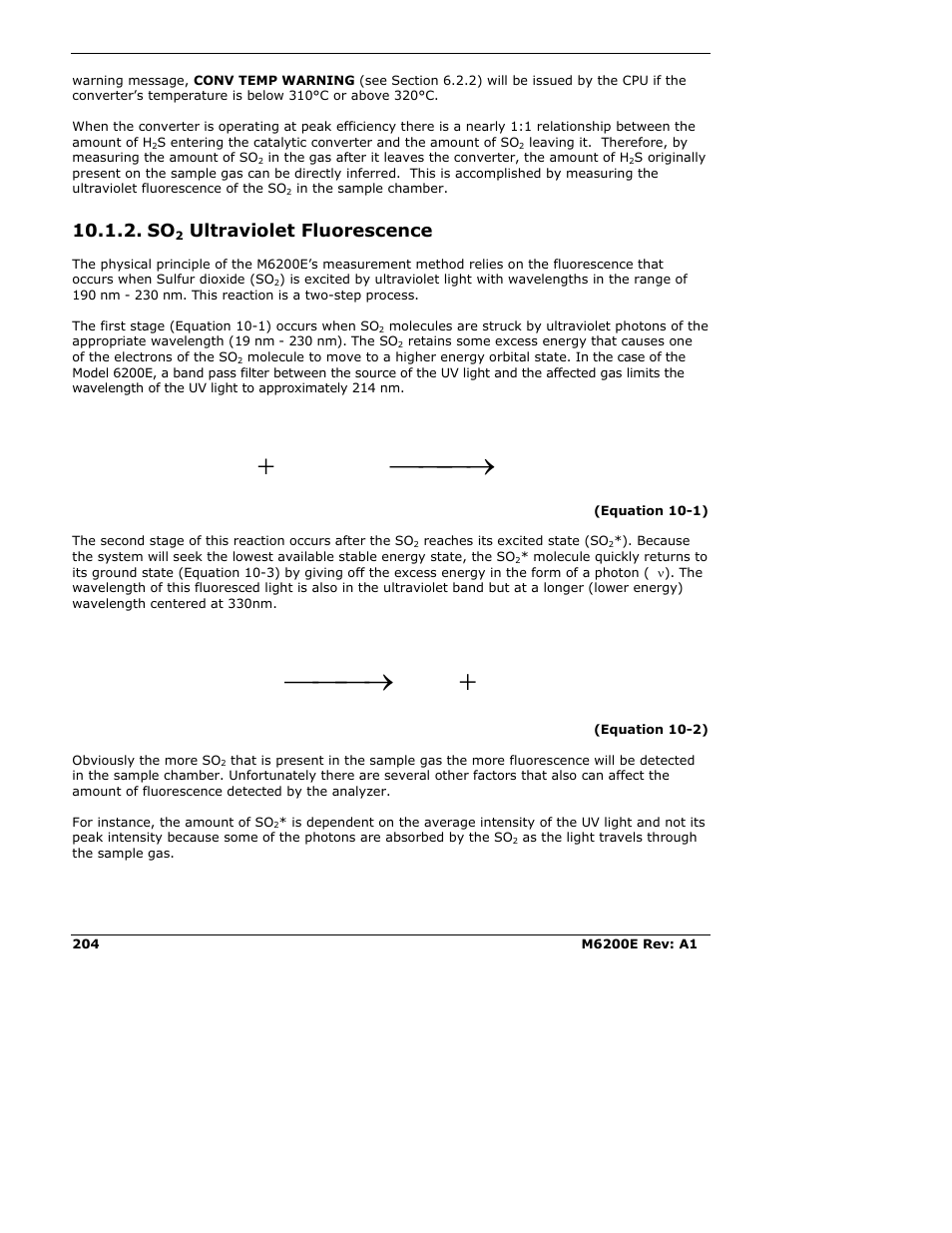 So2 ultraviolet fluorescence, Ultraviolet fluorescence, 2 so hv so | Hv so * so | Teledyne 6200E - Sulfides Analyzer User Manual | Page 204 / 306