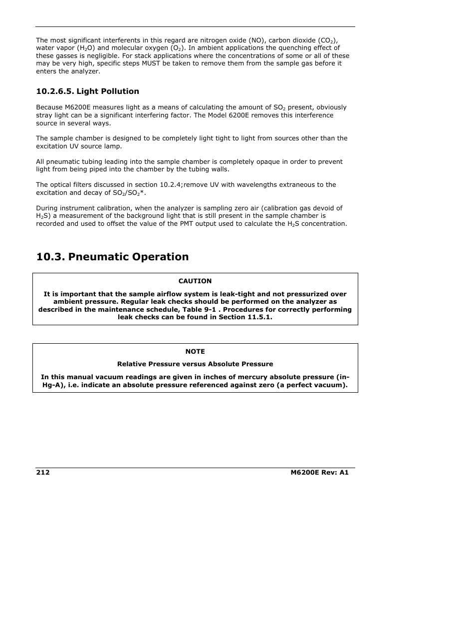 Light pollution, Pneumatic operation | Teledyne 6200E - Sulfides Analyzer User Manual | Page 212 / 306