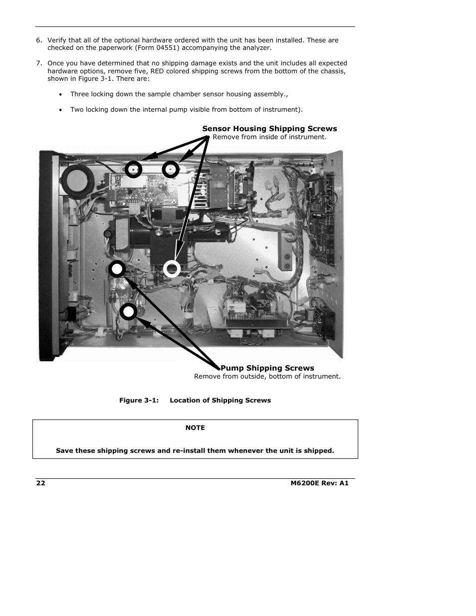 Figure 3-1: location of shipping screws | Teledyne 6200E - Sulfides Analyzer User Manual | Page 22 / 306