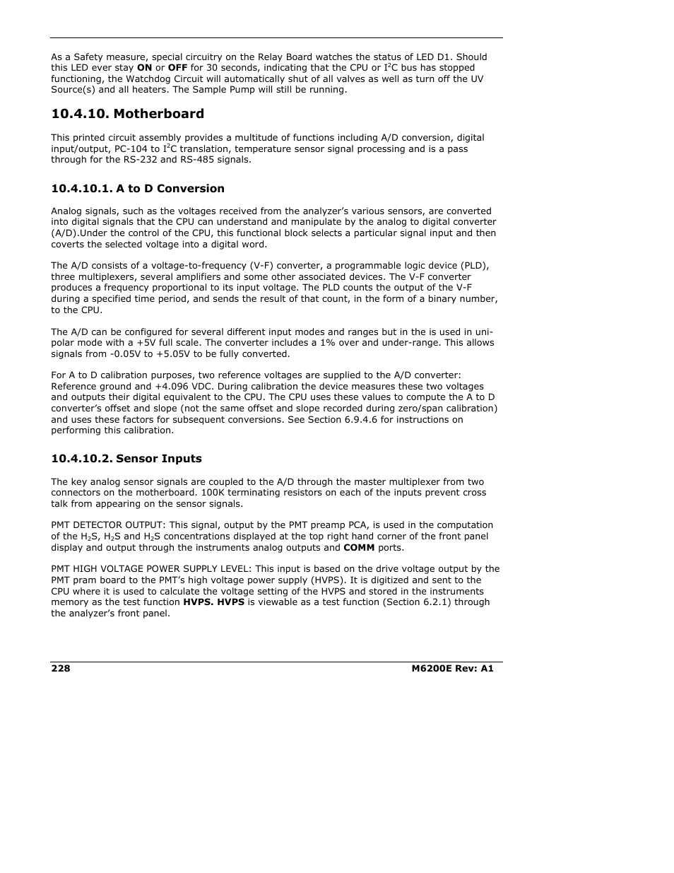 Motherboard, A to d conversion, Sensor inputs | Teledyne 6200E - Sulfides Analyzer User Manual | Page 228 / 306