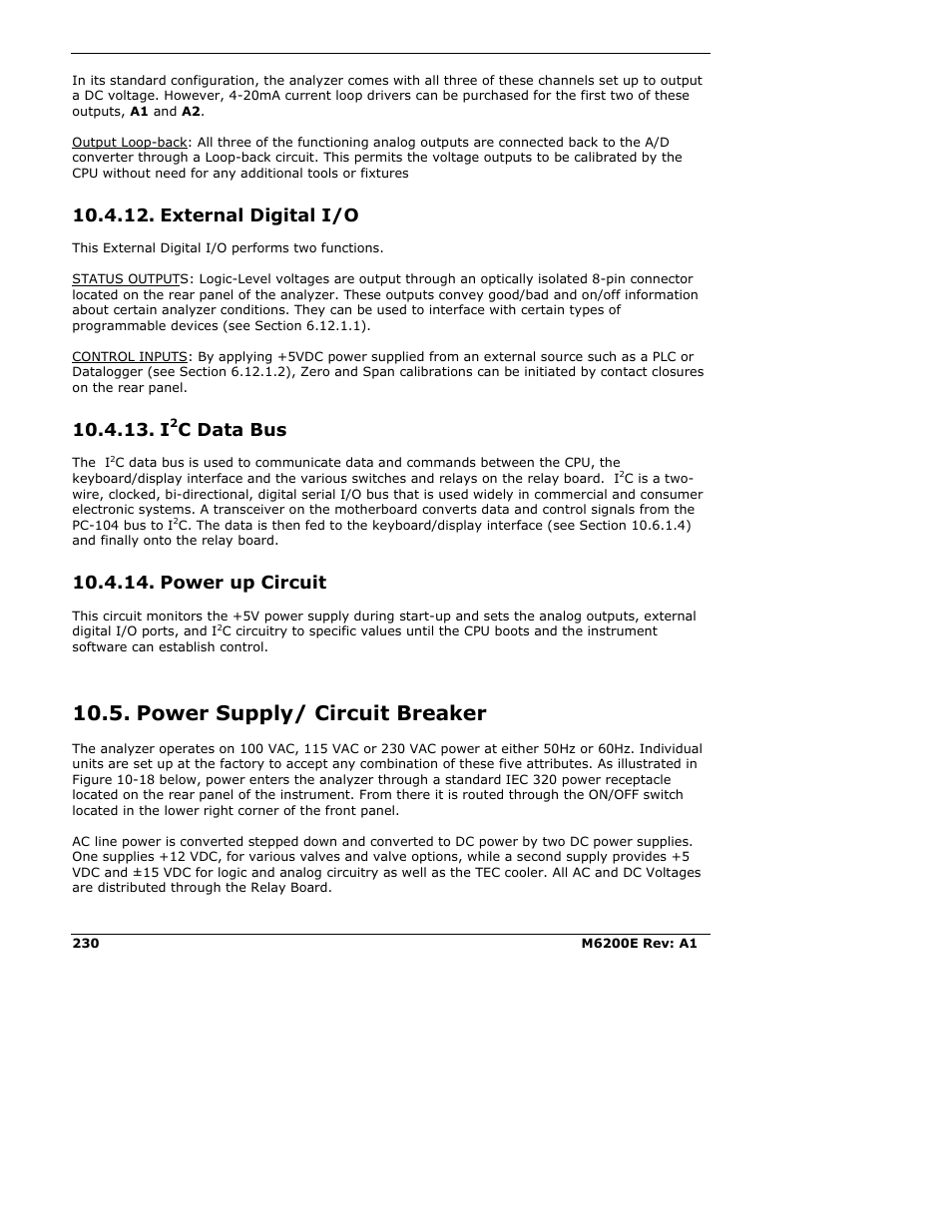 External digital i/o, I2c data bus, Power up circuit | Power supply/ circuit breaker, C data bus | Teledyne 6200E - Sulfides Analyzer User Manual | Page 230 / 306