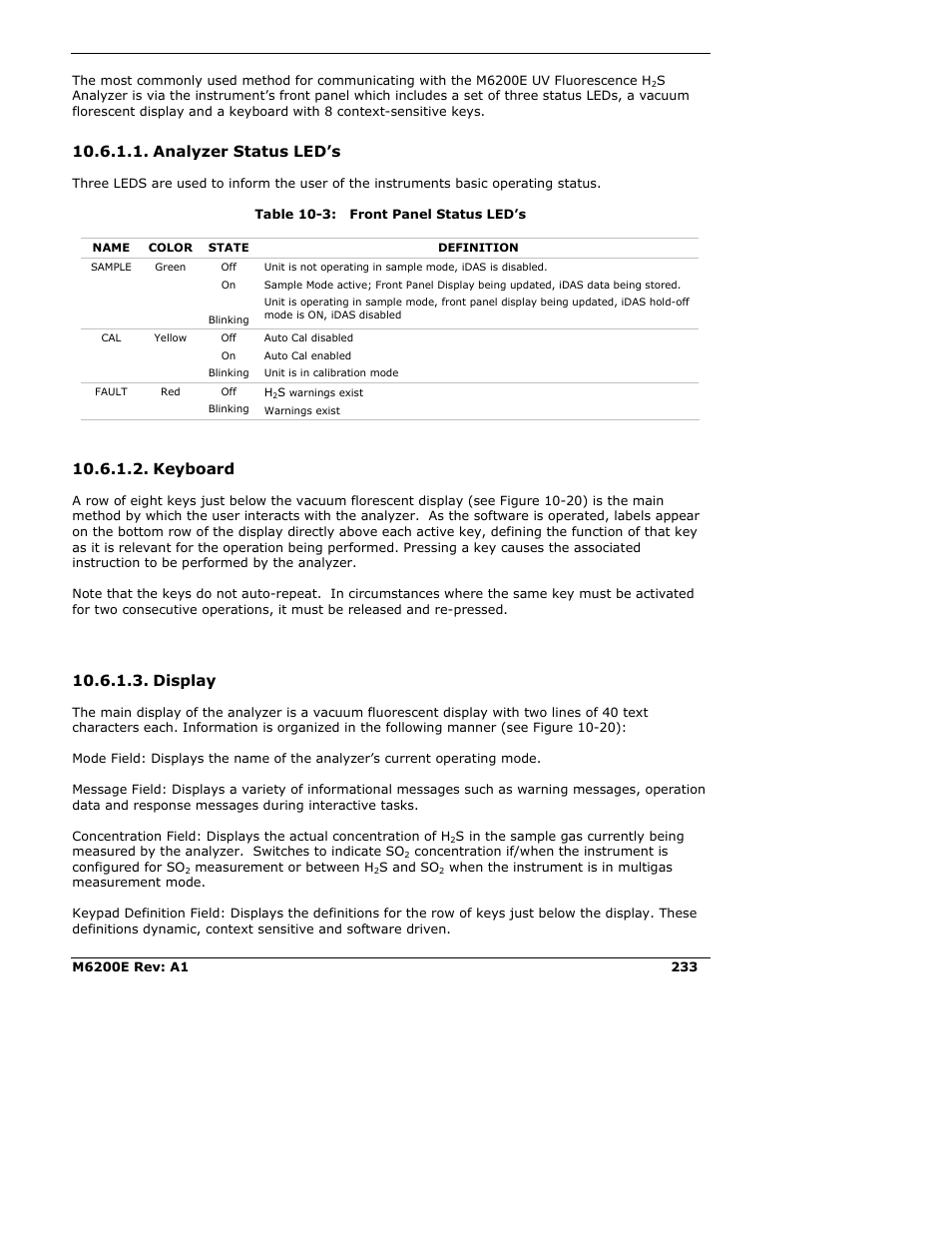 Analyzer status led’s, Keyboard, Display | Teledyne 6200E - Sulfides Analyzer User Manual | Page 233 / 306