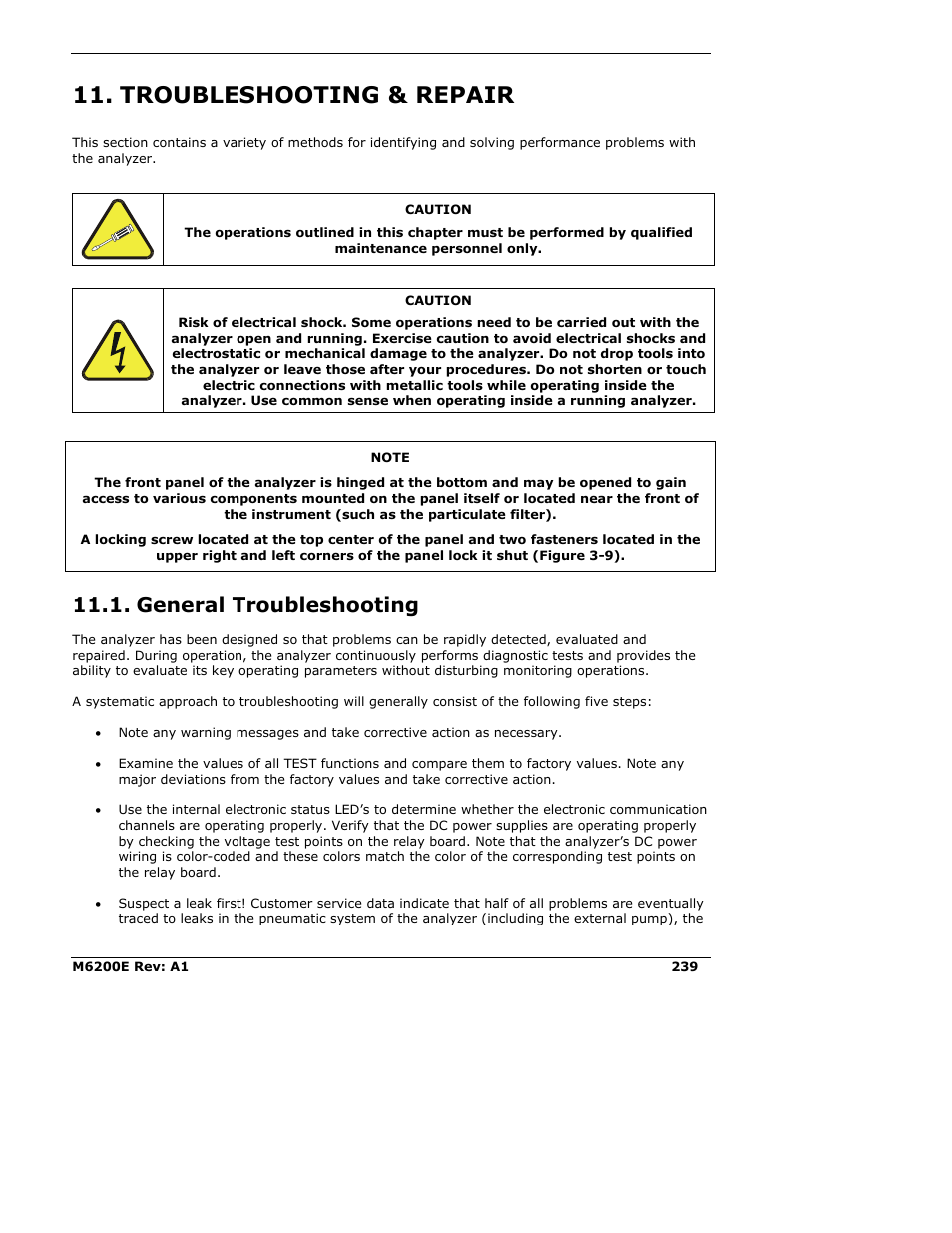 Troubleshooting & repair, General troubleshooting | Teledyne 6200E - Sulfides Analyzer User Manual | Page 239 / 306