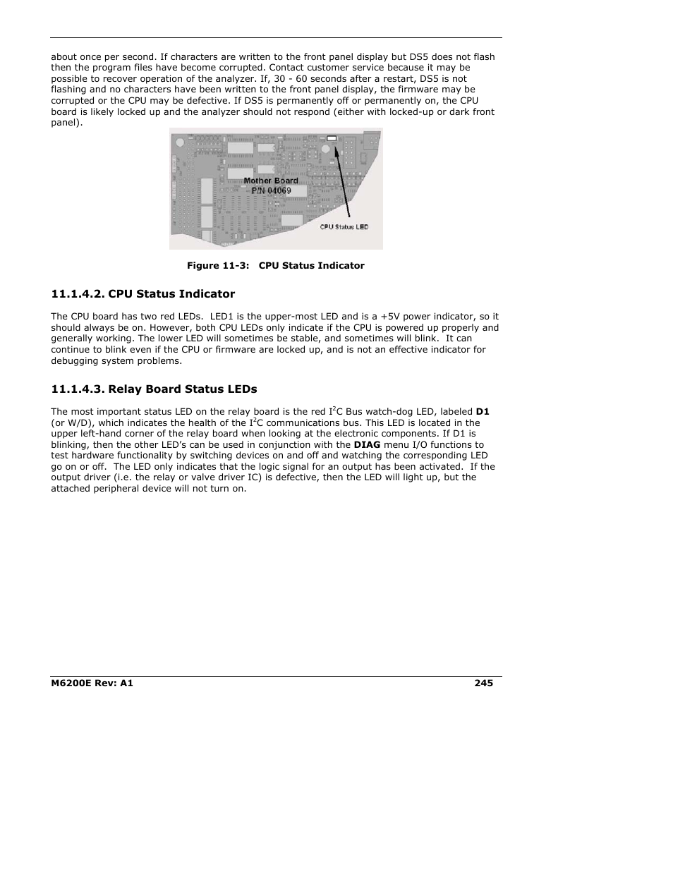 Cpu status indicator, Relay board status leds | Teledyne 6200E - Sulfides Analyzer User Manual | Page 245 / 306