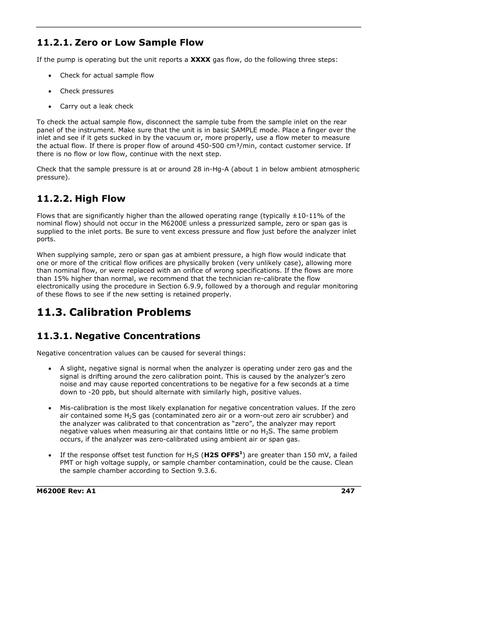 Zero or low sample flow, High flow, Calibration problems | Negative concentrations | Teledyne 6200E - Sulfides Analyzer User Manual | Page 247 / 306