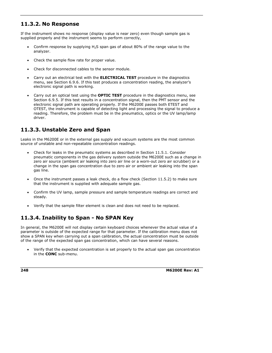 No response, Unstable zero and span, Inability to span - no span key | Teledyne 6200E - Sulfides Analyzer User Manual | Page 248 / 306