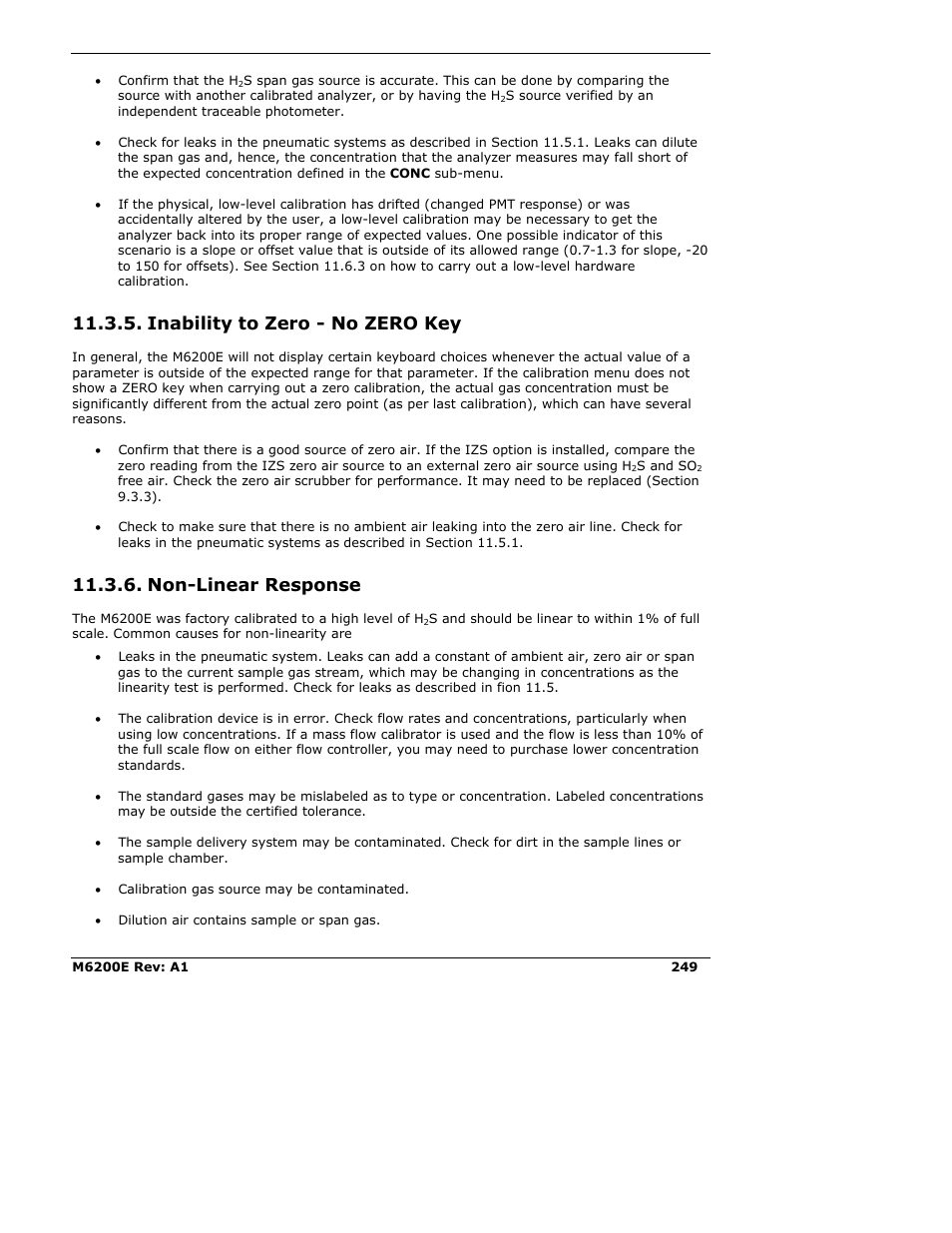 Inability to zero - no zero key, Non-linear response | Teledyne 6200E - Sulfides Analyzer User Manual | Page 249 / 306
