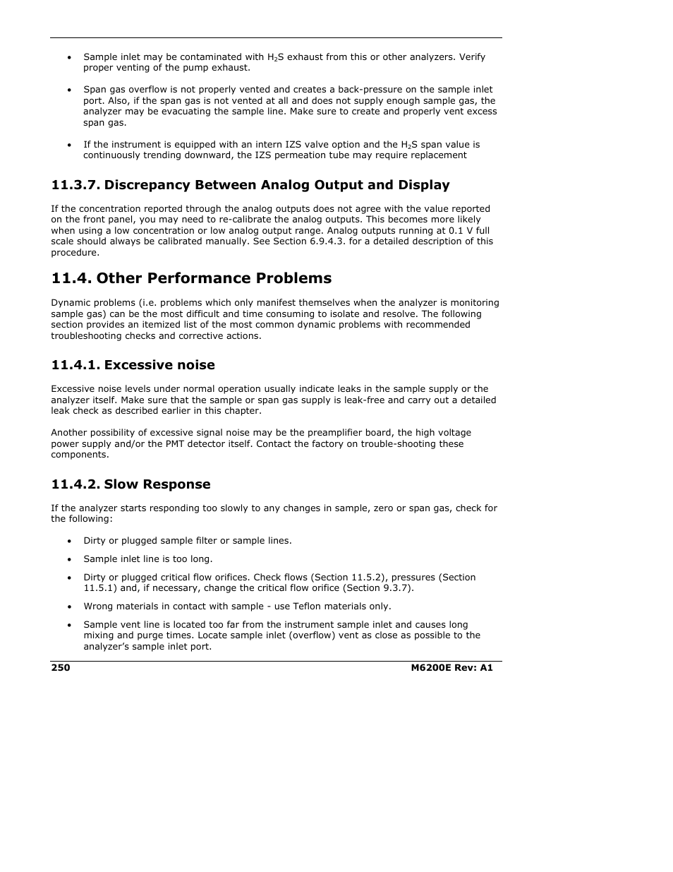 Discrepancy between analog output and display, Other performance problems, Excessive noise | Slow response | Teledyne 6200E - Sulfides Analyzer User Manual | Page 250 / 306