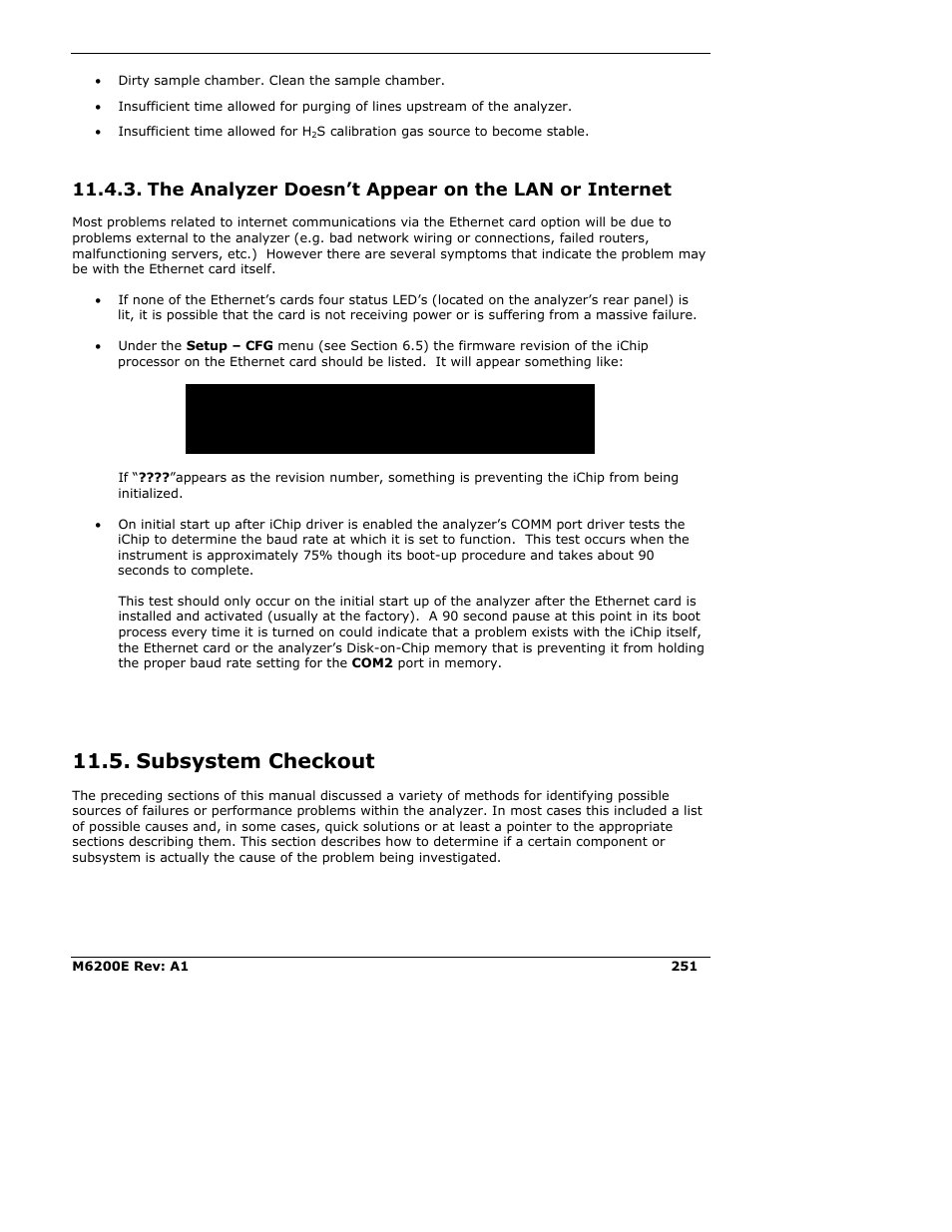 The analyzer doesn’t appear on the lan or internet, Subsystem checkout | Teledyne 6200E - Sulfides Analyzer User Manual | Page 251 / 306