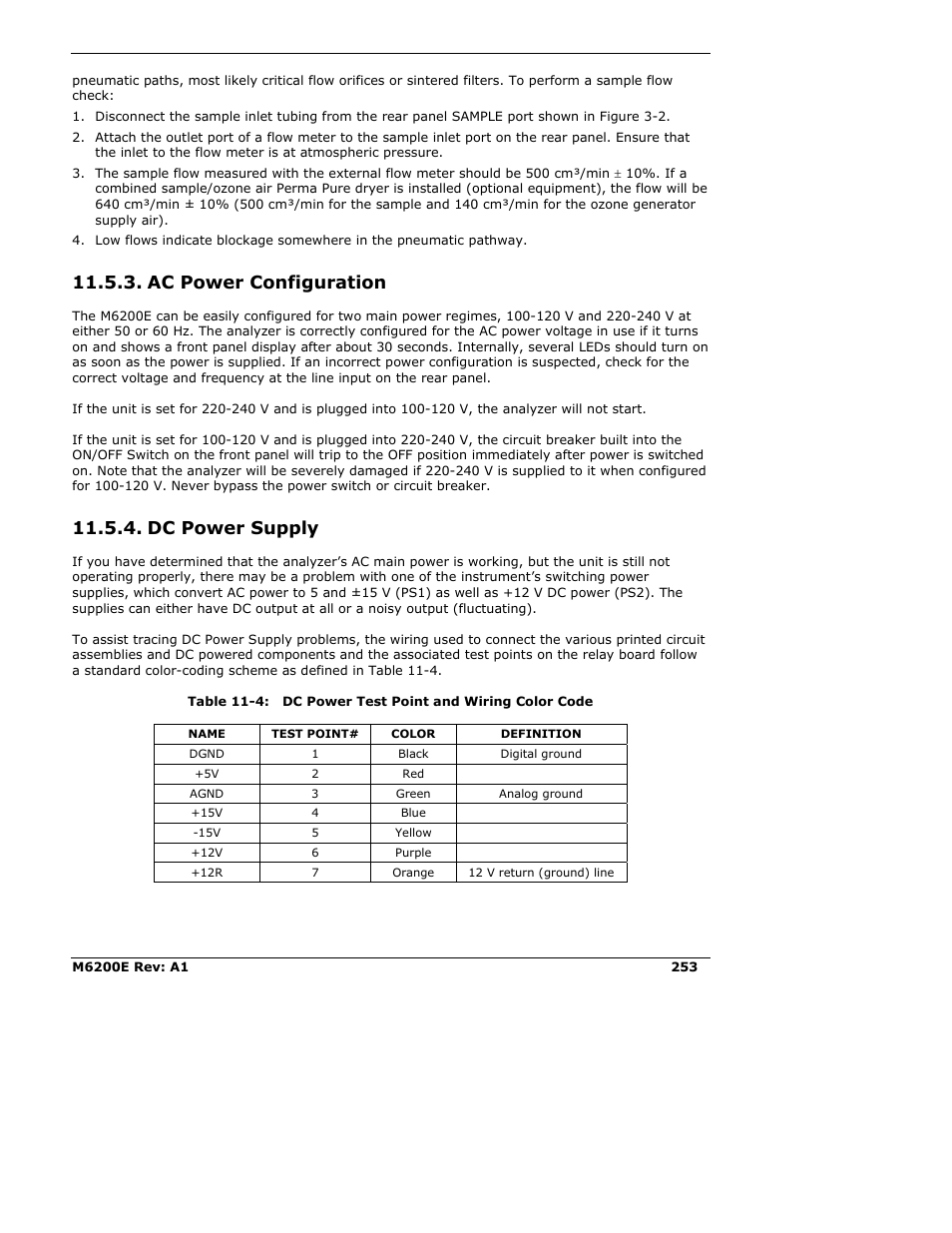 Ac power configuration, Dc power supply | Teledyne 6200E - Sulfides Analyzer User Manual | Page 253 / 306