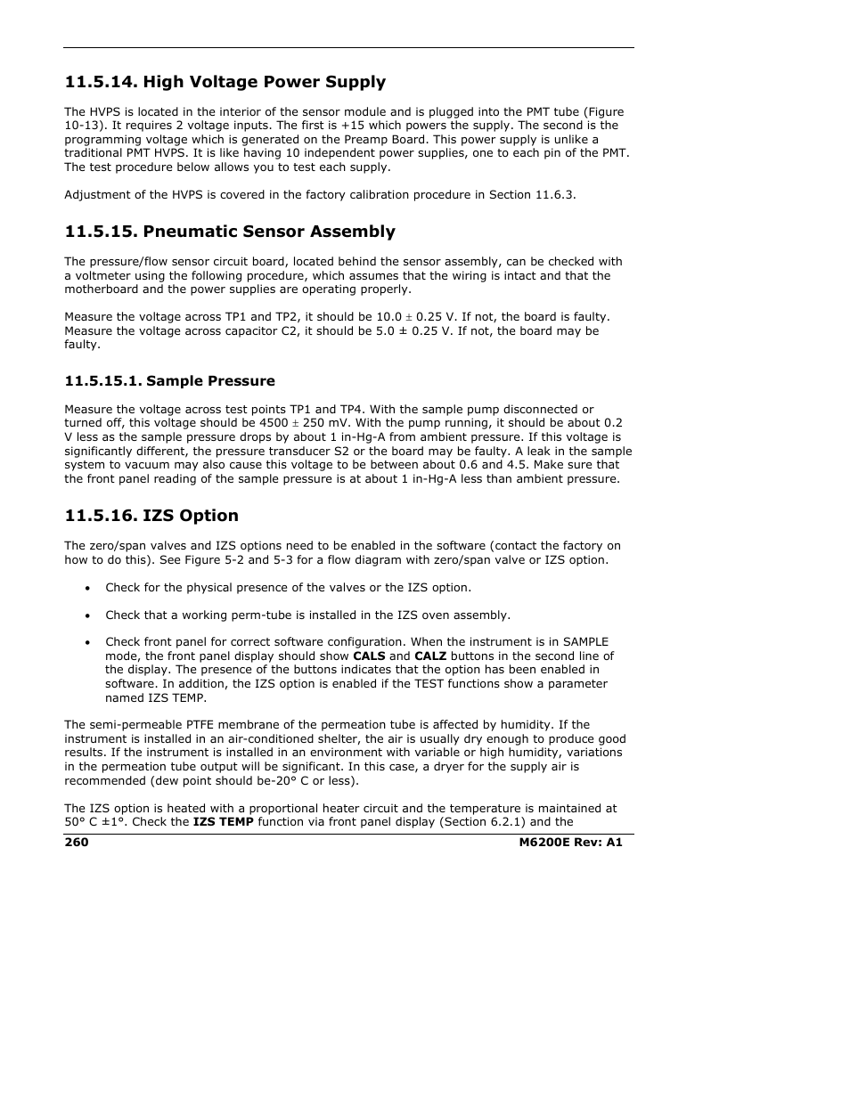 High voltage power supply, Pneumatic sensor assembly, Sample pressure | Izs option | Teledyne 6200E - Sulfides Analyzer User Manual | Page 260 / 306