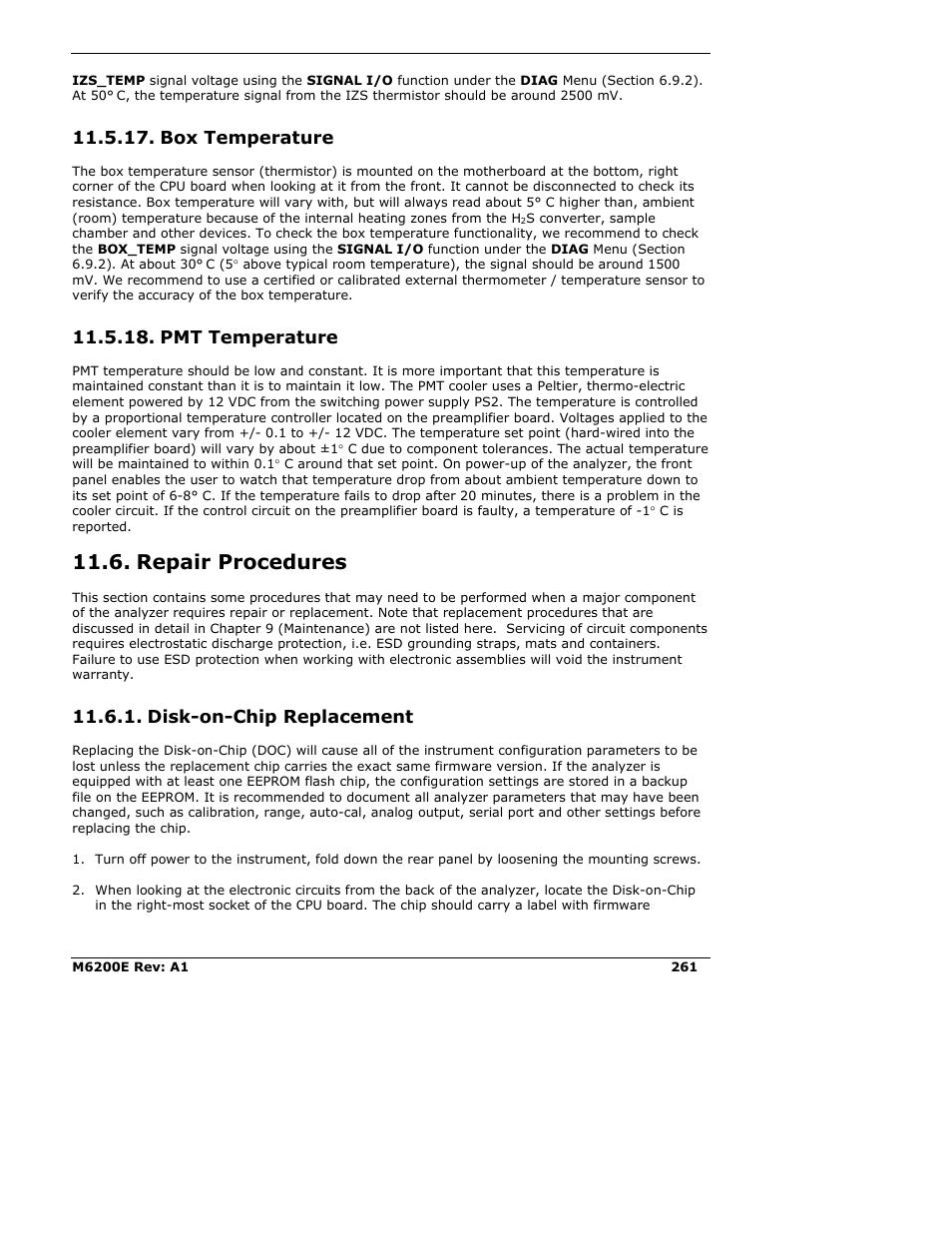 Box temperature, Pmt temperature, Repair procedures | Disk-on-chip replacement | Teledyne 6200E - Sulfides Analyzer User Manual | Page 261 / 306