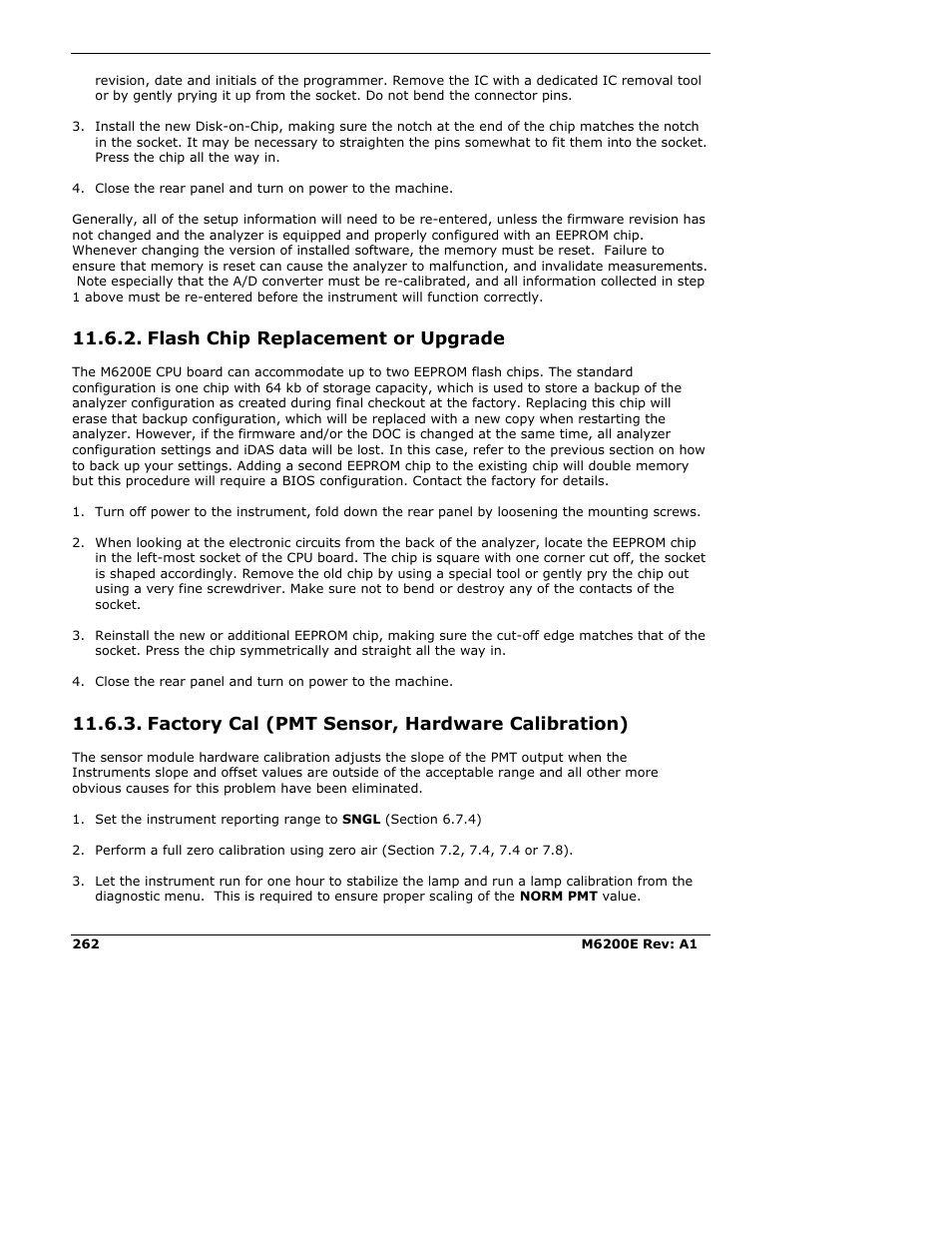 Flash chip replacement or upgrade, Factory cal (pmt sensor, hardware calibration) | Teledyne 6200E - Sulfides Analyzer User Manual | Page 262 / 306