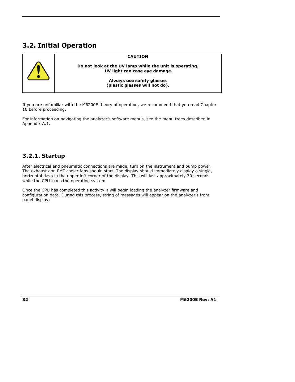 Initial operation, Startup | Teledyne 6200E - Sulfides Analyzer User Manual | Page 32 / 306