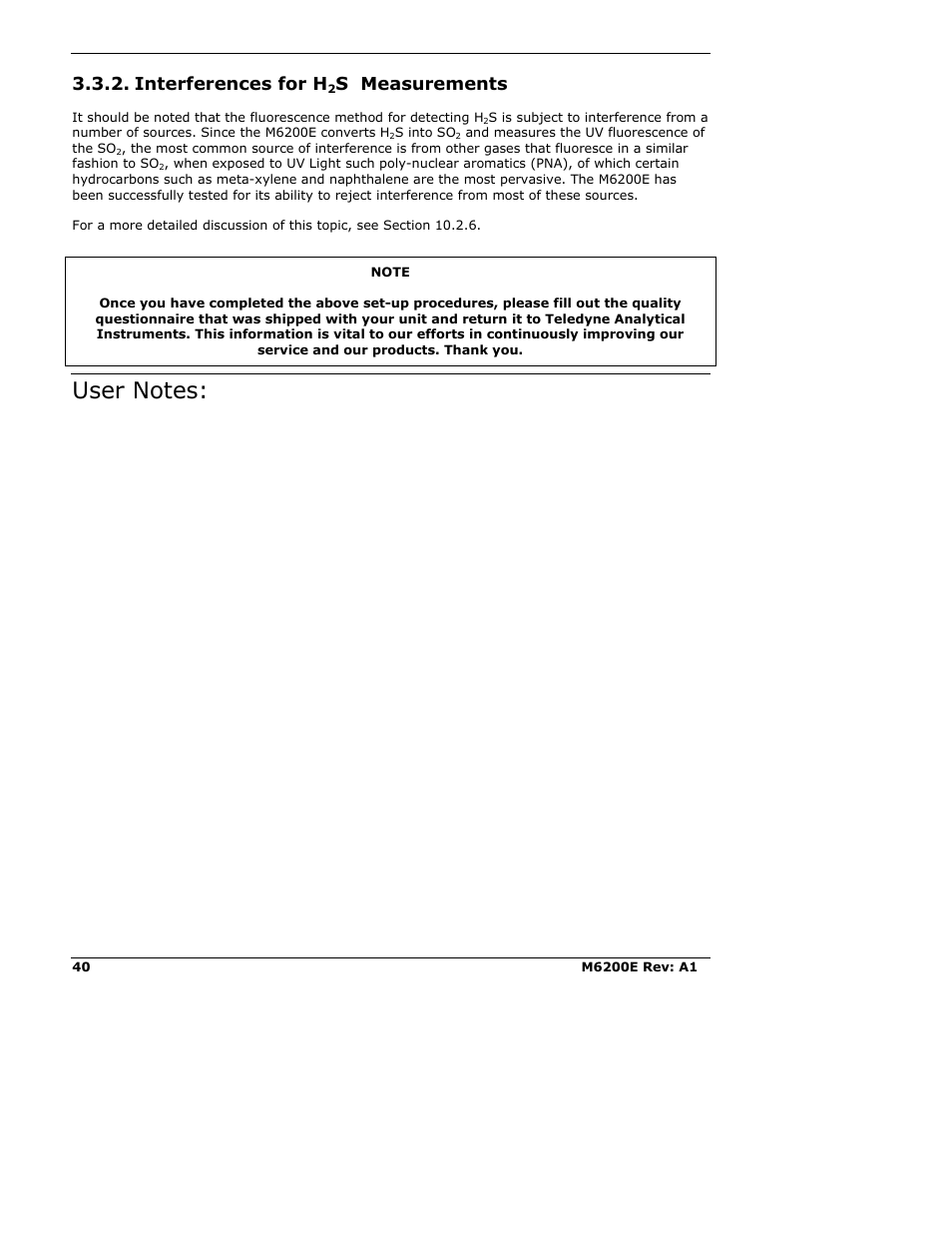 Interferences for h2s measurements, Interferences for h, S measurements | Teledyne 6200E - Sulfides Analyzer User Manual | Page 40 / 306