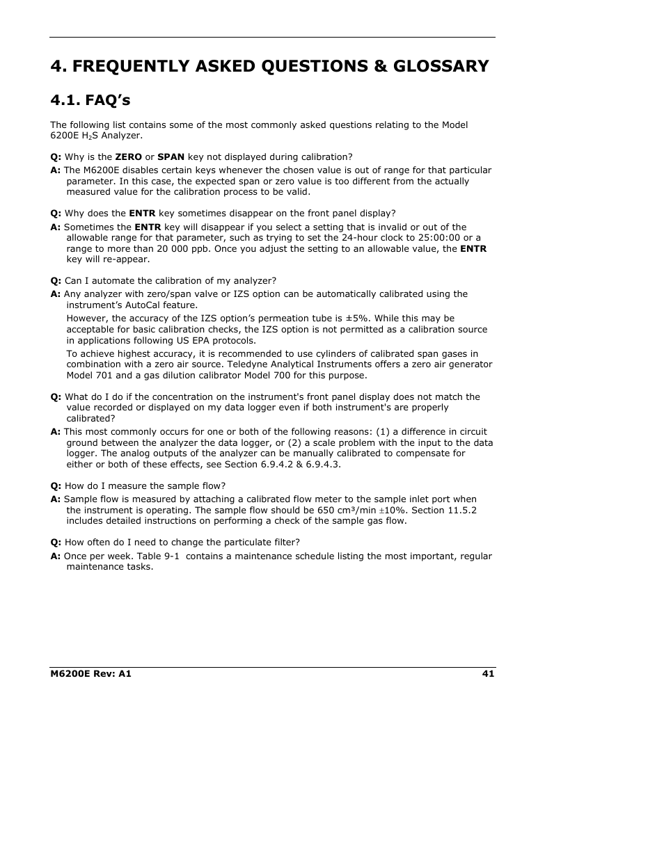 Frequently asked questions & glossary, Faq’s | Teledyne 6200E - Sulfides Analyzer User Manual | Page 41 / 306