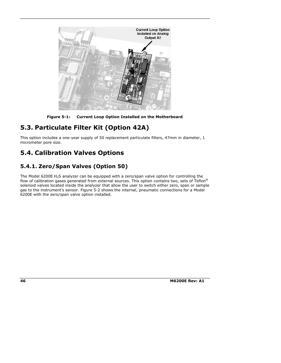Particulate filter kit (option 42a), Calibration valves options, Zero/span valves (option 50) | Teledyne 6200E - Sulfides Analyzer User Manual | Page 46 / 306