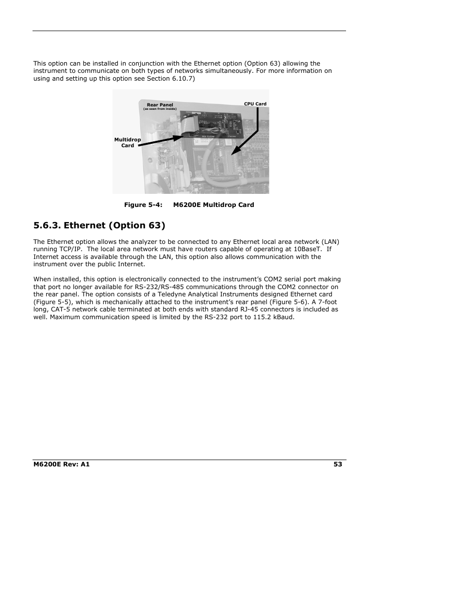 Ethernet (option 63), Figure 5-4: m6200e multidrop card | Teledyne 6200E - Sulfides Analyzer User Manual | Page 53 / 306