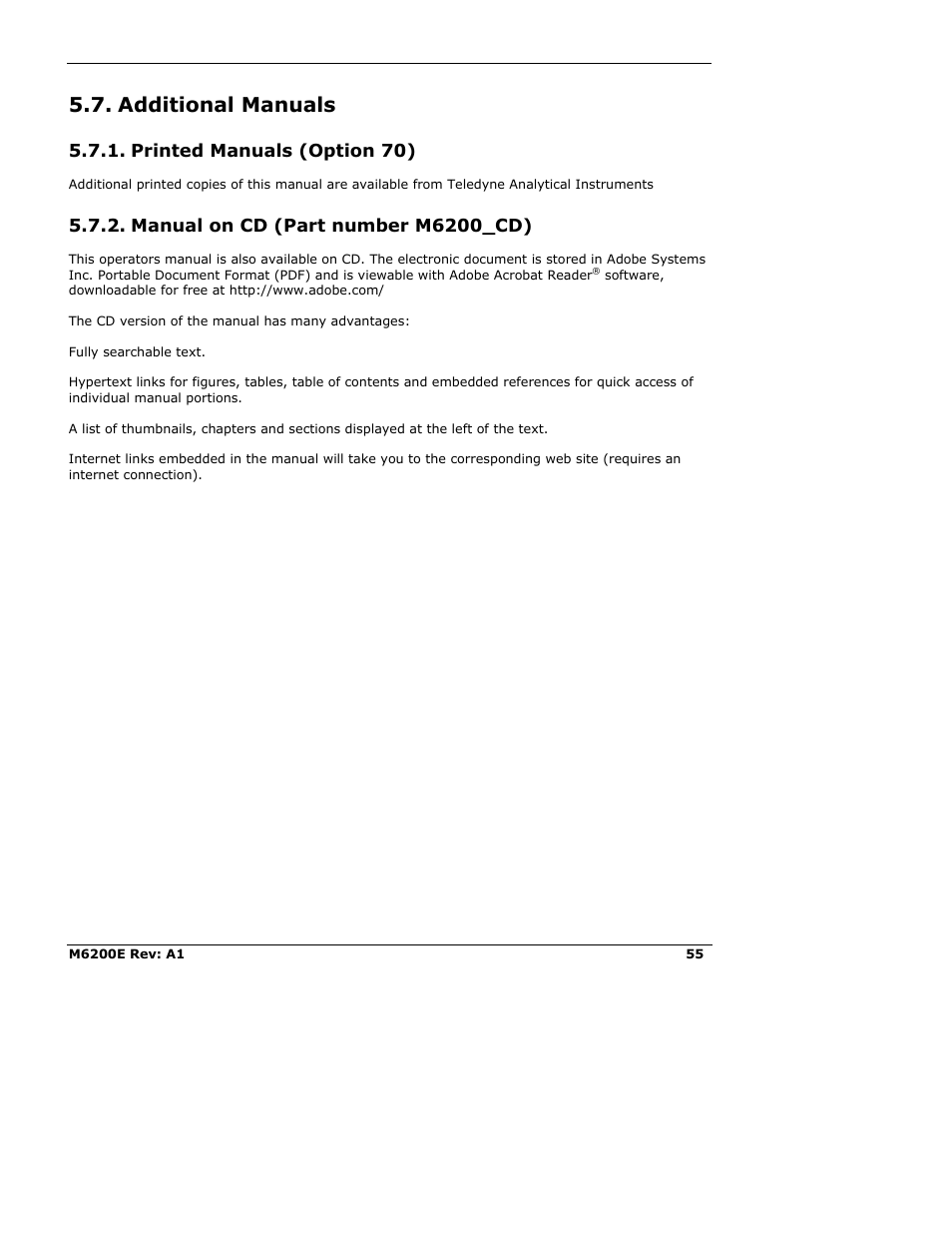 Additional manuals, Printed manuals (option 70), Manual on cd (part number m6200_cd) | Manual on cd (part number 047400200) | Teledyne 6200E - Sulfides Analyzer User Manual | Page 55 / 306