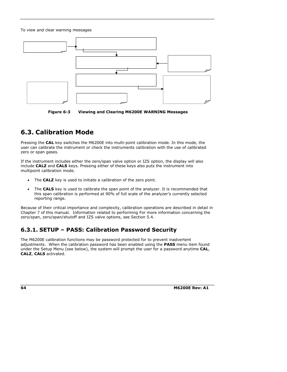 Calibration mode, Setup – pass: calibration password security | Teledyne 6200E - Sulfides Analyzer User Manual | Page 64 / 306
